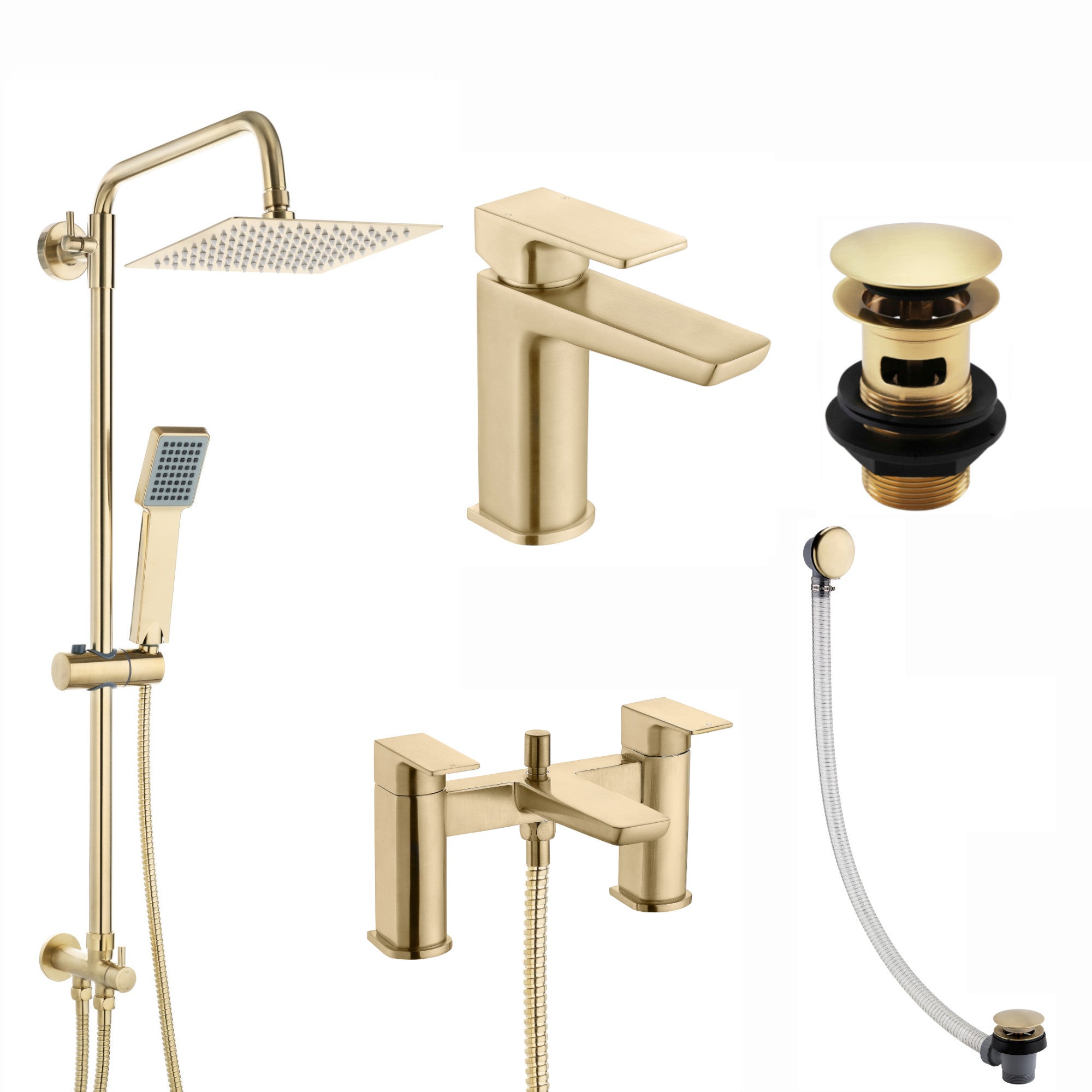 Mykonos bundle incl. bath shower mixer tap with dual riser rail, basin mixer, bath and basin wastes - brushed brass